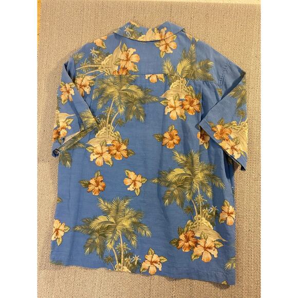 Jamaica Jaxx Hawaiian Shirt Mens Large Blue Button Up 100% Silk Palm Tree Floral - Picture 1 of 7